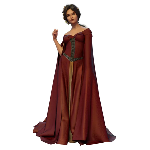 Brown Haired Μεσαιωνική Φαντασία Γυναίκα Long Red Φόρεμα Circlet Και — Φωτογραφία Αρχείου
