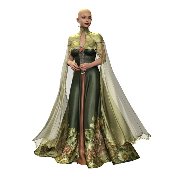 Bald Medieval Fantasy Woman Long Green Floral Dress Circlet Crown — Stok Foto