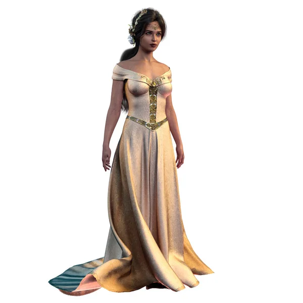 Brown Haired Medieval Fantasy Woman Long Cream Colored Dress Circlet Stock Picture