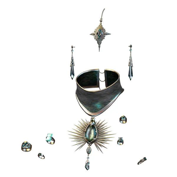 Onyx Und Silberschmuck Set Für Frauen Mit Halskette Kopfschmuck Ohrringen — Stockfoto