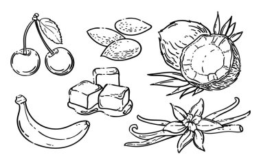 Yiyecek malzemeleri. Kiraz, badem, hindistan cevizi, muz, karamel, vanilya. Siyah ve beyaz vektör çizimleri. El çizim biçimi. 