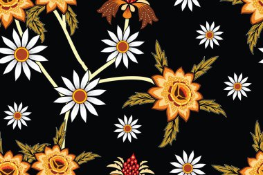 Kusursuz Desen Çiçek Vektör İllüstrasyonu, Geleneksel Batik Motifi