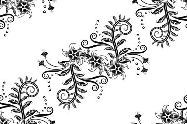Çiçekli vektör illüstrasyonuyla kusursuz desen, siyah ve beyaz stili.