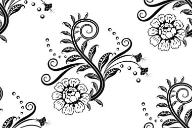 Çiçekli vektör illüstrasyonuyla kusursuz desen, siyah ve beyaz stili.