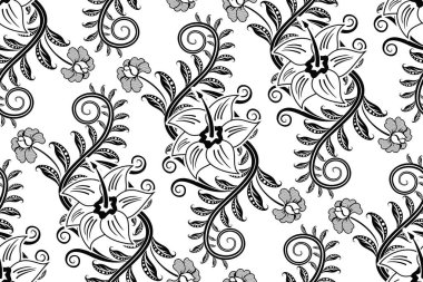 Çiçekli vektör illüstrasyonuyla kusursuz desen, siyah ve beyaz stili.