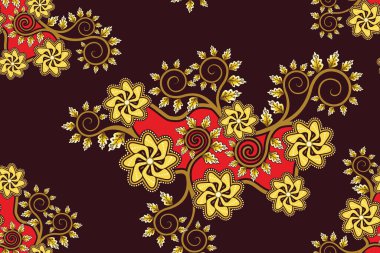 Çiçek Vektörü İllüstrasyonlu Kusursuz Desen, Asya Batik Motifi