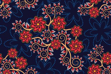 Çiçek Vektörü İllüstrasyonlu Kusursuz Desen, Asya Batik Motifi