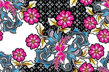 Çiçekli vektör illüstrasyonlu kusursuz desen, batik motif dokusu