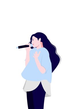 Kadınlar mikrofonda şarkı söylerken eğlensin. Mutlu Milenyum Kızları Şarkıcı Preform Song, sahnede dinlenin. Sanatçı, hobi, müzik konsepti. Vektör illüstrasyonu