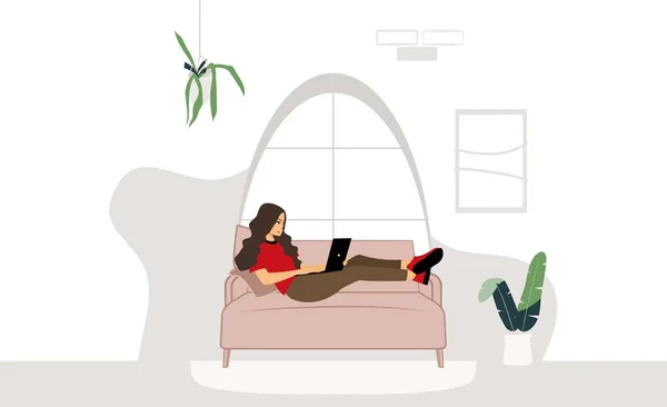 ホームバナーに滞在 女の子はコンピュータで動作し 豆の流行と袋に座って フリーランス 自宅で仕事 距離学習 オンライン ブロガー — ストックベクタ