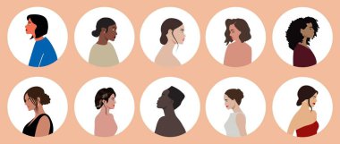 Avatar profillerindeki insanların yüzlerinin bir dizi simgesi: farklı ırk ve ülkelerden genç ve yaşlı kadınlar. İş illüstrasyonu. Megaset. Moda vektör biçimi.