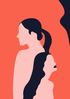 İki ya da daha fazla yüzü siluet vektör çizimi olan iki ya da daha fazla kızın olduğu kadın kampanyası poster tasarımı. Kadın arkadaşlığı. Renkli vektör illüstrasyonu.