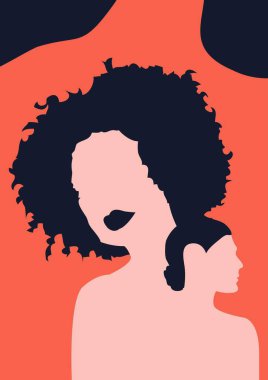 İki ya da daha fazla yüzü siluet vektör çizimi olan iki ya da daha fazla kızın olduğu kadın kampanyası poster tasarımı. Kadın arkadaşlığı. Renkli vektör illüstrasyonu.