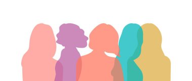 Farklı etnik kökenden ve kültürden kadınların kardeşlik silueti yan yana duruyor. Güçlü ve cesur kızlar feminist hareketlerinde birbirlerine destek olurlar. Renkli vektör illüstrasyonu.