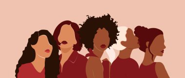 Farklı etnik kökenden ve kültürden kadınların dostluğu yan yana duruyor. Güçlü ve cesur kızlar feminist hareketlerinde birbirlerine destek olurlar. Renkli vektör illüstrasyonu.