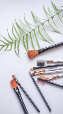 Set of make-up brushes. Set of clean black vector professional makeup concealer powder blush eye shadow eyebrow brush with white and black handles and makeup palette.