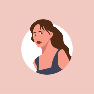 Yarı vücut güzel kadın renkli portresi. Sosyal ağlar için Görseller. Düz biçimli vektör illüstrasyonu.