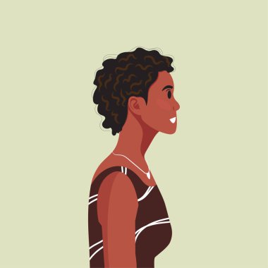 Genç, güzel, Afro-Amerikan kadın portresi. Kahverengi tenli ve kıvırcık saçlı bir kadın. Vektör illüstrasyonu