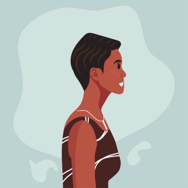 Genç, güzel, Afro-Amerikan kadın portresi. Kahverengi tenli ve kıvırcık saçlı bir kadın. Vektör illüstrasyonu