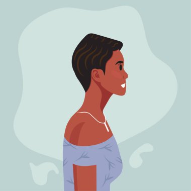 Genç, güzel, Afro-Amerikan kadın portresi. Kahverengi tenli ve kıvırcık saçlı bir kadın. Vektör illüstrasyonu