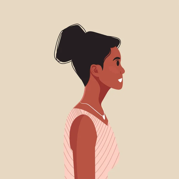 若い美しいアフリカ系アメリカ人女性のプロフィール肖像画 茶色の肌と巻き毛の女性の人 ベクターイラスト — ストックベクタ