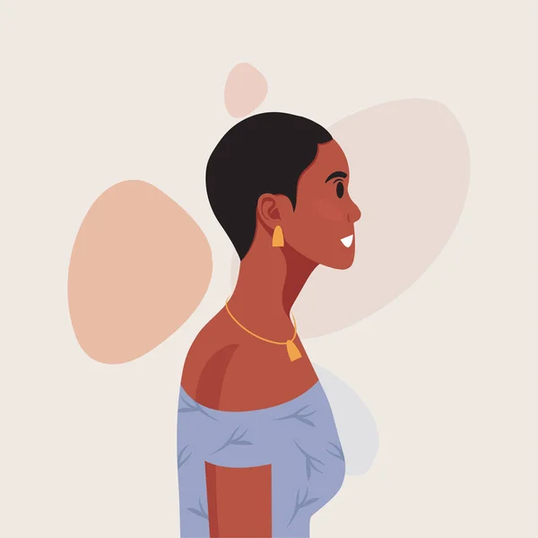 若い美しいアフリカ系アメリカ人女性のプロフィール肖像画 茶色の肌と巻き毛の女性の人 ベクターイラスト — ストックベクタ