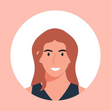 Genç bir insanın yüzüyle avatarı çember içine al. Çeşitli ırkların ve saç stillerinin portreleri. Kullanıcı profilleri koleksiyonu. Yuvarlak bir ikon ve mutlu gülümseyen bir insan. Renkli düz vektör illüstrasyonu.