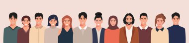Farklı kültürlerden ve geleneklerden bir grup insan. Çeşitlilik. Çok ırklı ve çok kültürlü insan grupları. Düz biçimli vektör illüstrasyonu.