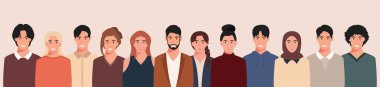 Farklı kültürlerden ve geleneklerden bir grup insan. Çeşitlilik. Çok ırklı ve çok kültürlü insan grupları. Düz biçimli vektör illüstrasyonu.