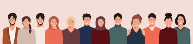 Farklı kültürlerden ve geleneklerden bir grup insan. Çeşitlilik. Çok ırklı ve çok kültürlü insan grupları. Düz biçimli vektör illüstrasyonu.