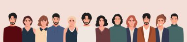 Farklı kültürlerden ve geleneklerden bir grup insan. Çeşitlilik. Çok ırklı ve çok kültürlü insan grupları. Düz biçimli vektör illüstrasyonu.