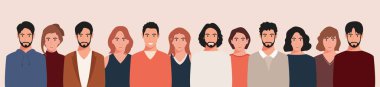 Farklı kültürlerden ve geleneklerden bir grup insan. Çeşitlilik. Çok ırklı ve çok kültürlü insan grupları. Düz biçimli vektör illüstrasyonu.