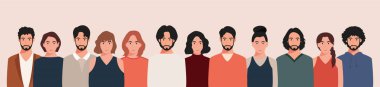 Farklı kültürlerden ve geleneklerden bir grup insan. Çeşitlilik. Çok ırklı ve çok kültürlü insan grupları. Düz biçimli vektör illüstrasyonu.