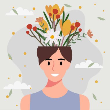 Kafasında çiçekler olan kadın düz tasarım vektör çizimi konsepti.