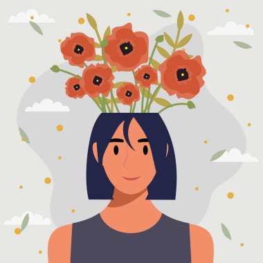 Kafasında çiçekler olan kadın düz tasarım vektör çizimi konsepti.