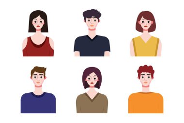İnsan avatar tasarımı koleksiyonu. Sosyal medya ve ağ oluşturma, web sitesi, uygulama tasarımı, geliştirme, kullanıcı profili ve kullanıcı profili simgeleri için karakterler. Vektör illüstrasyonu.
