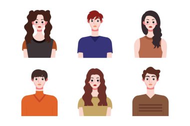 İnsan avatar tasarımı koleksiyonu. Sosyal medya ve ağ oluşturma, web sitesi, uygulama tasarımı, geliştirme, kullanıcı profili ve kullanıcı profili simgeleri için karakterler. Vektör illüstrasyonu.