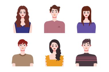 İnsan avatar tasarımı koleksiyonu. Sosyal medya ve ağ oluşturma, web sitesi, uygulama tasarımı, geliştirme, kullanıcı profili ve kullanıcı profili simgeleri için karakterler. Vektör illüstrasyonu.