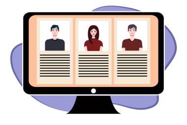 Video konferansındaki insanlar bilgisayar ekranında. Çevrimiçi toplantı, video görüşmesi konsepti. Vektör illüstrasyonu.