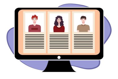 Video konferansındaki insanlar bilgisayar ekranında. Çevrimiçi toplantı, video görüşmesi konsepti. Vektör illüstrasyonu.