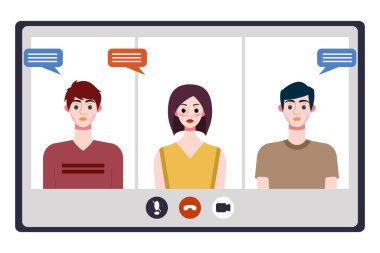 Video konferans konsepti. İnsanlar bilgisayar ekranında avatarlar. Vektör illüstrasyonu