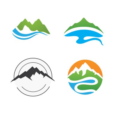 Logos of rivers, creeks, riverbanks and streams. River logo with combination of mountains and farmland with concept design vector illustration template.	