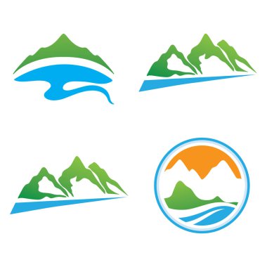 Logos of rivers, creeks, riverbanks and streams. River logo with combination of mountains and farmland with concept design vector illustration template.	