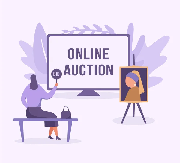 Woman Makes Bid Online Auction Vector Illustration — Stock Vector