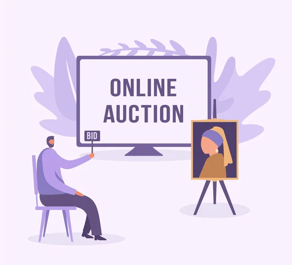 Man Makes Bid Online Auction Vector Illustration — Stock Vector