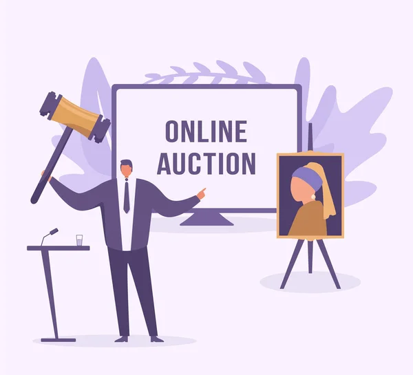 Auctioneer Raising His Gavel Knock Sell Picture Auction Vector Illustration — Stock Vector