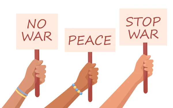 Manos Sosteniendo Pancartas Contra Guerra Ilustración Vectorial — Vector de stock