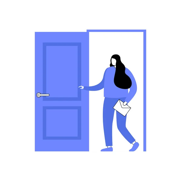女性のキャラクターがドアを出る ベクトル ベクターイラスト — ストックベクタ