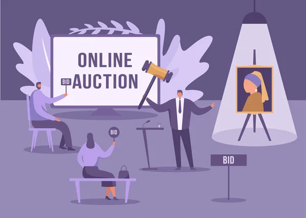 Концепция Онлайн Аукциона Аукционисты Коллекционеры Делают Ставки Векторная Иллюстрация — стоковый вектор