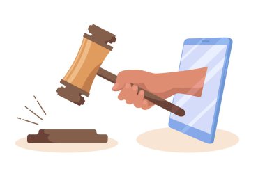 Açık arttırmacılar tokmağı cep telefonuyla tutuyorlar. İnternetteki açık arttırma. Vektör illüstrasyonu